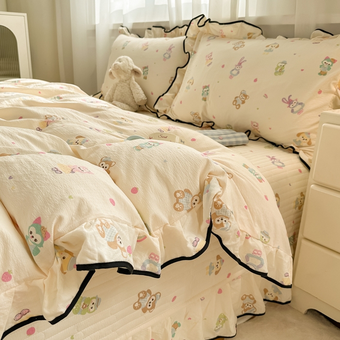 91家纺网 家纺一手货源 找家纺 梦可莱家居 2025秋冬新款法式小黑边木棉云感皱皱纱四件套床盖款 小黑边-动物乐园