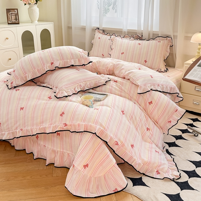 梦可莱家居 2025秋冬新款法式小黑边木棉云感皱皱纱四件套床盖款 小黑边-粉蝴蝶结