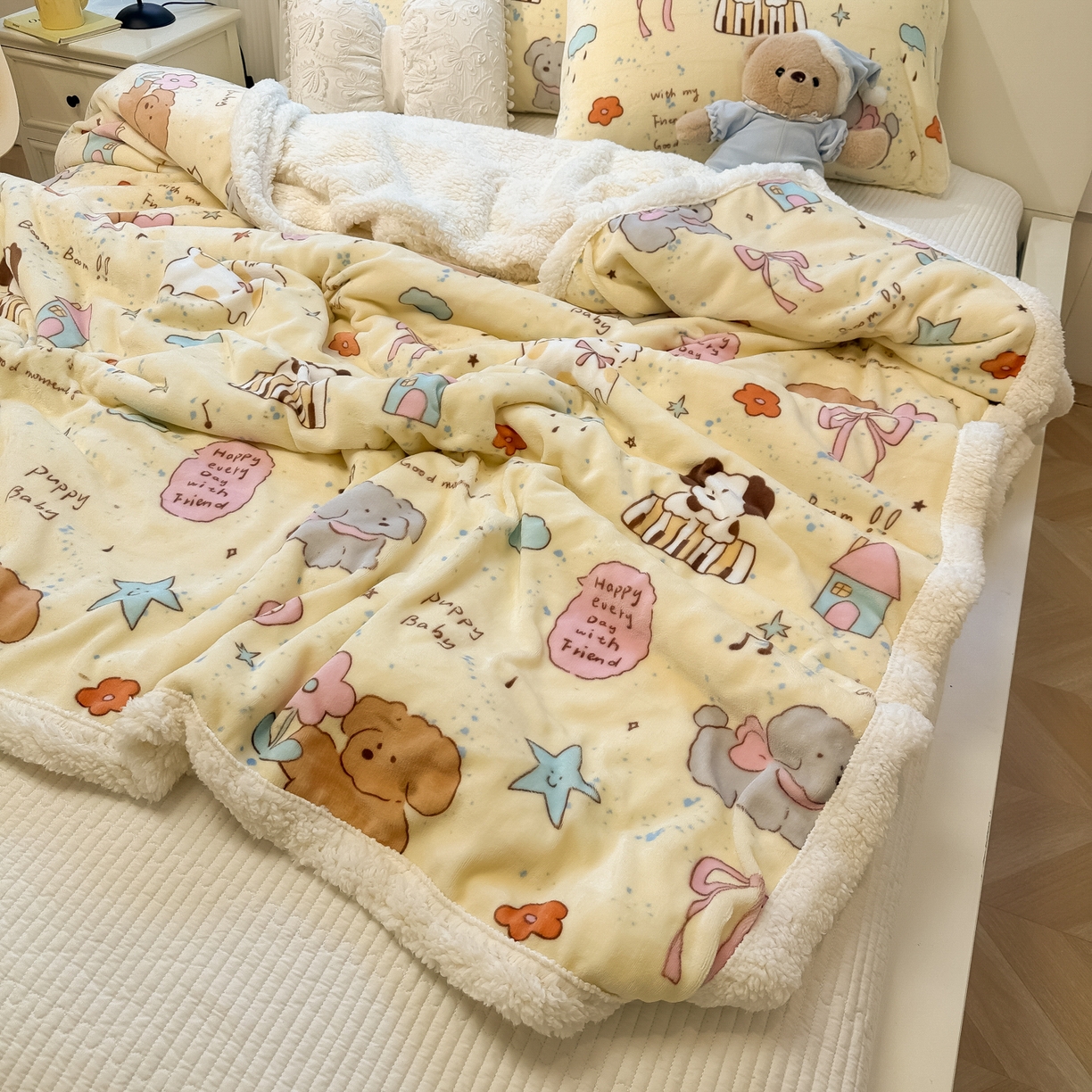 91家纺网 家纺一手货源 找家纺 盼季家纺 2025新款日韩奶油风羊羔绒+牛奶绒可爱卡通毛毯沙发毯盖毯 羊羔绒毛毯-动物音乐会