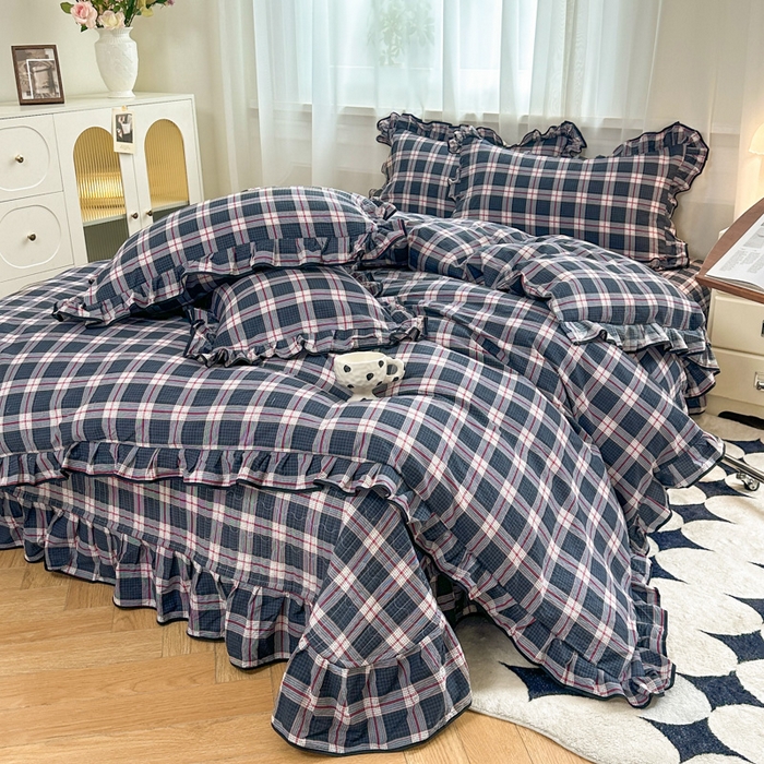 梦可莱家居 2025秋冬新款法式小黑边木棉云感皱皱纱四件套床盖款 藏青格