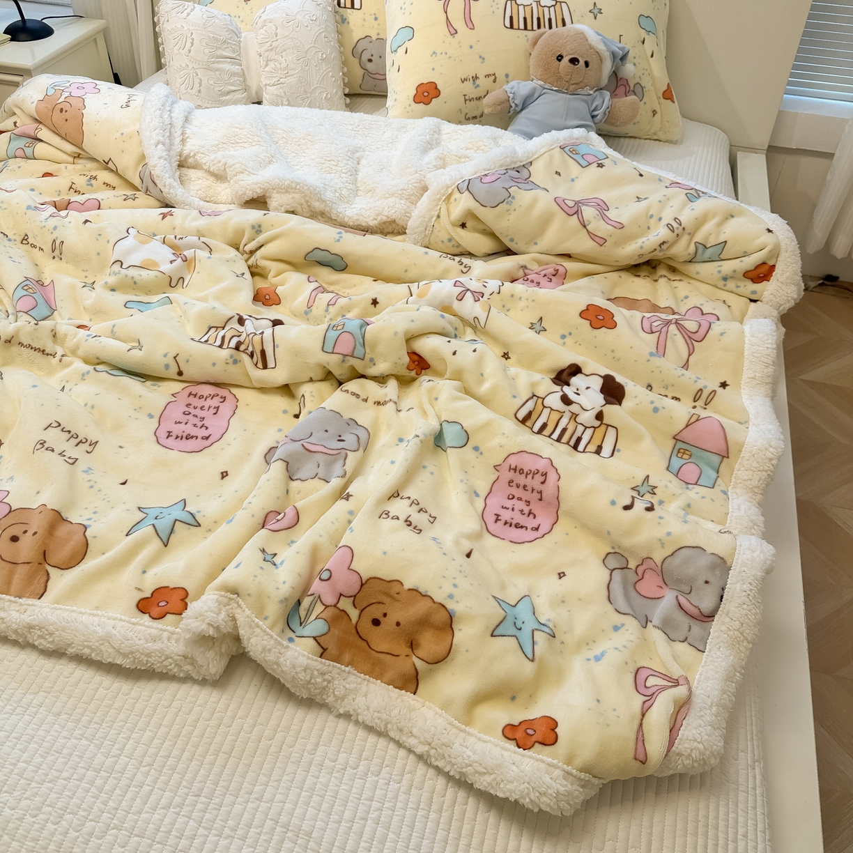 91家纺网 家纺一手货源 找家纺 盼季家纺 2025新款日韩奶油风羊羔绒+牛奶绒可爱卡通毛毯沙发毯盖毯 羊羔绒毛毯-动物音乐会