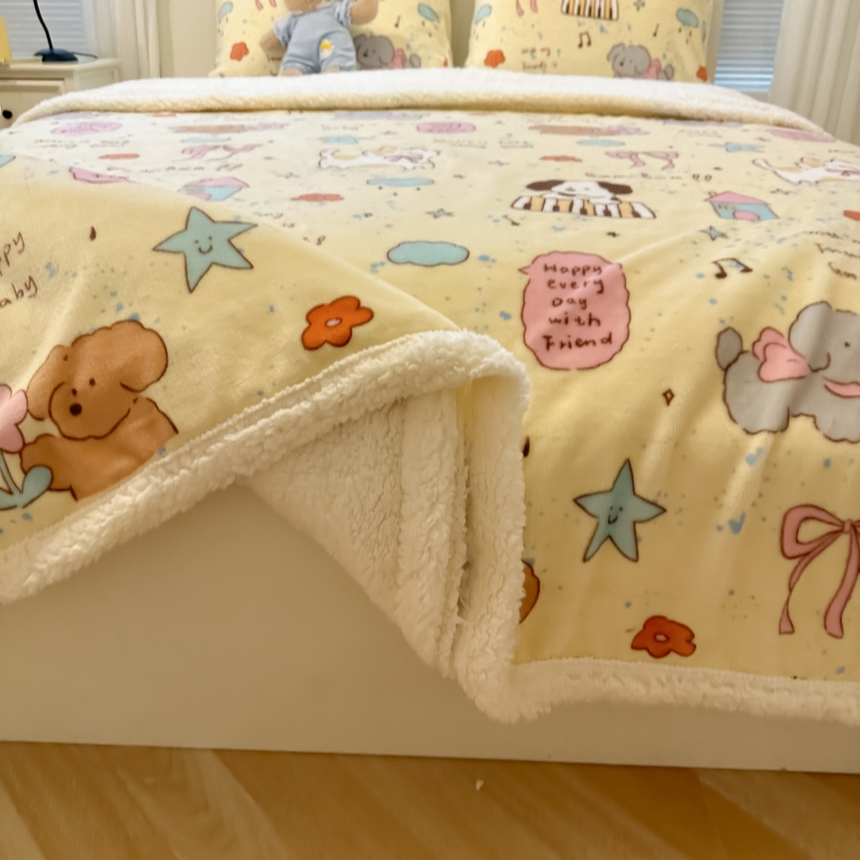 91家纺网 家纺一手货源 找家纺 盼季家纺 2025新款日韩奶油风羊羔绒+牛奶绒可爱卡通毛毯沙发毯盖毯 羊羔绒毛毯-动物音乐会