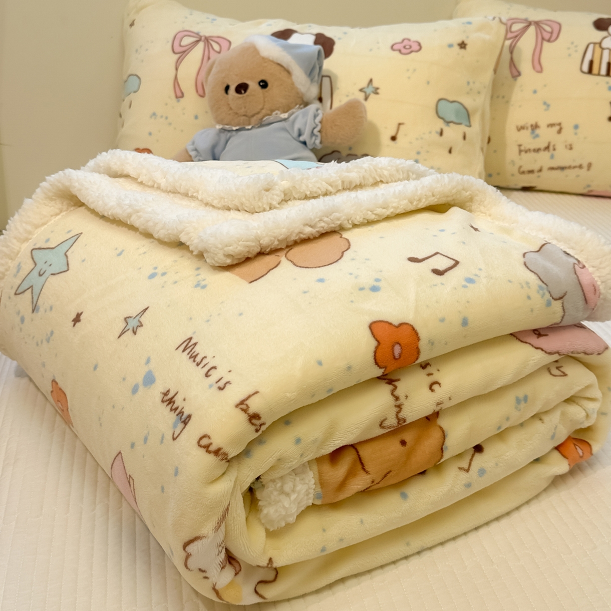 91家纺网 家纺一手货源 找家纺 盼季家纺 2025新款日韩奶油风羊羔绒+牛奶绒可爱卡通毛毯沙发毯盖毯 羊羔绒毛毯-动物音乐会