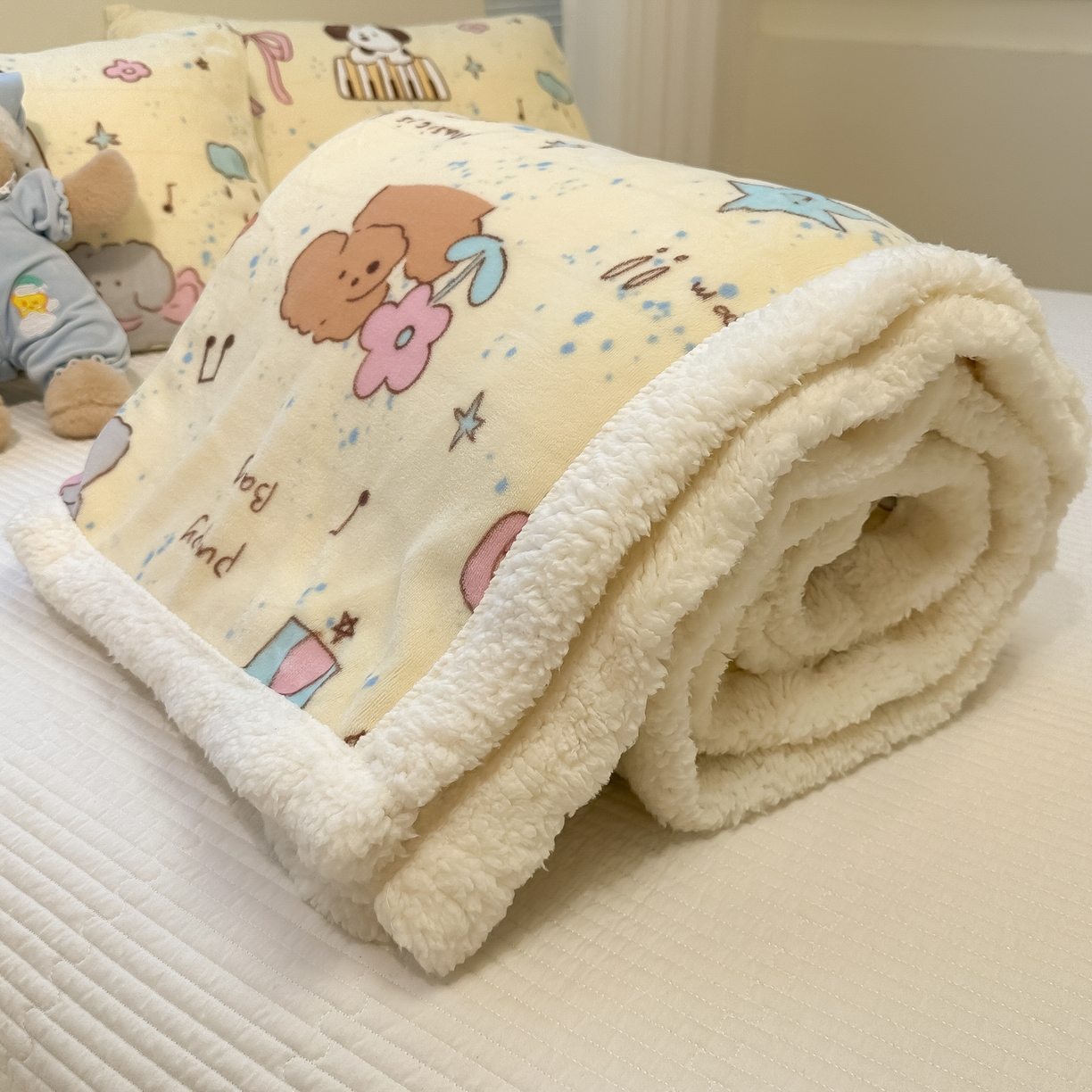 91家纺网 家纺一手货源 找家纺 盼季家纺 2025新款日韩奶油风羊羔绒+牛奶绒可爱卡通毛毯沙发毯盖毯 羊羔绒毛毯-动物音乐会