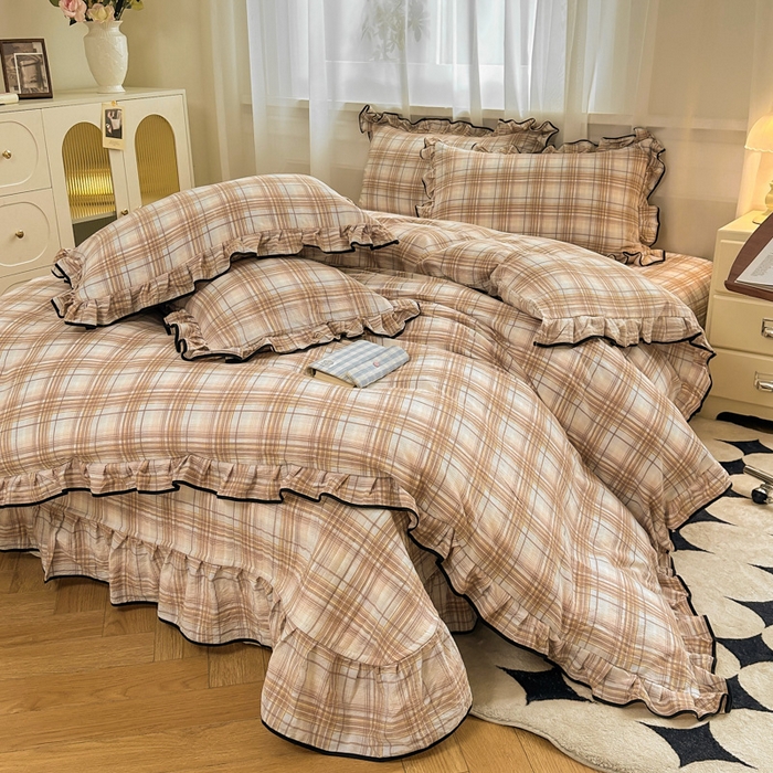 梦可莱家居 2025秋冬新款法式小黑边木棉云感皱皱纱四件套床盖款 大格卡