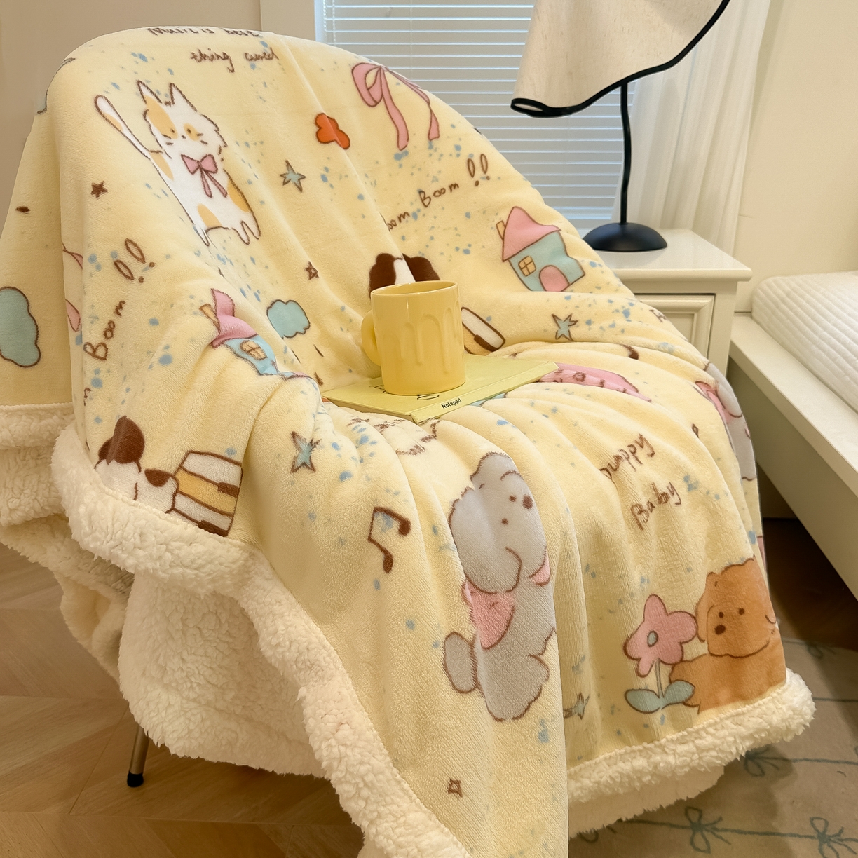 91家纺网 家纺一手货源 找家纺 盼季家纺 2025新款日韩奶油风羊羔绒+牛奶绒可爱卡通毛毯沙发毯盖毯 羊羔绒毛毯-动物音乐会