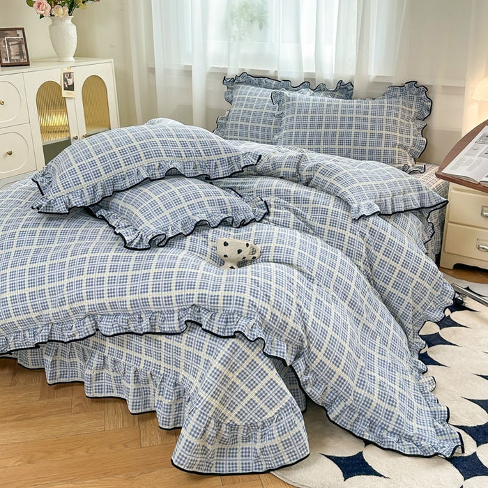 梦可莱家居 2025秋冬新款法式小黑边木棉云感皱皱纱四件套床盖款 兰格