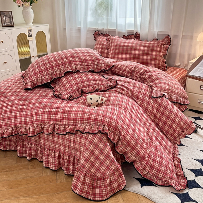 梦可莱家居 2025秋冬新款法式小黑边木棉云感皱皱纱四件套床盖款 小红格