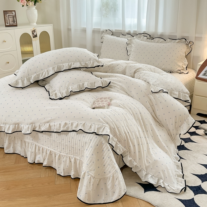 梦可莱家居 2025秋冬新款法式小黑边木棉云感皱皱纱四件套床盖款 小黑边-兰波点