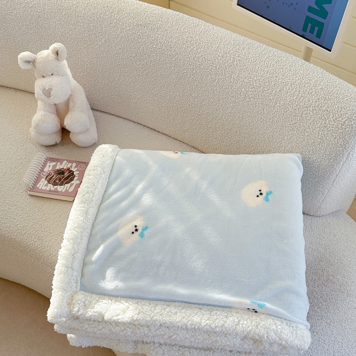 91家纺网 家纺一手货源 找家纺 贝扬思家纺 2025新款秋冬可爱系牛奶绒羊羔绒多功能毛毯奶盖系列 奶盖-可爱狗头蓝
