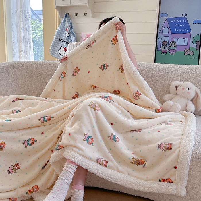 91家纺网 家纺一手货源 找家纺 贝扬思家纺 2025新款秋冬可爱系牛奶绒羊羔绒多功能毛毯奶盖系列 奶盖-萌萌女孩