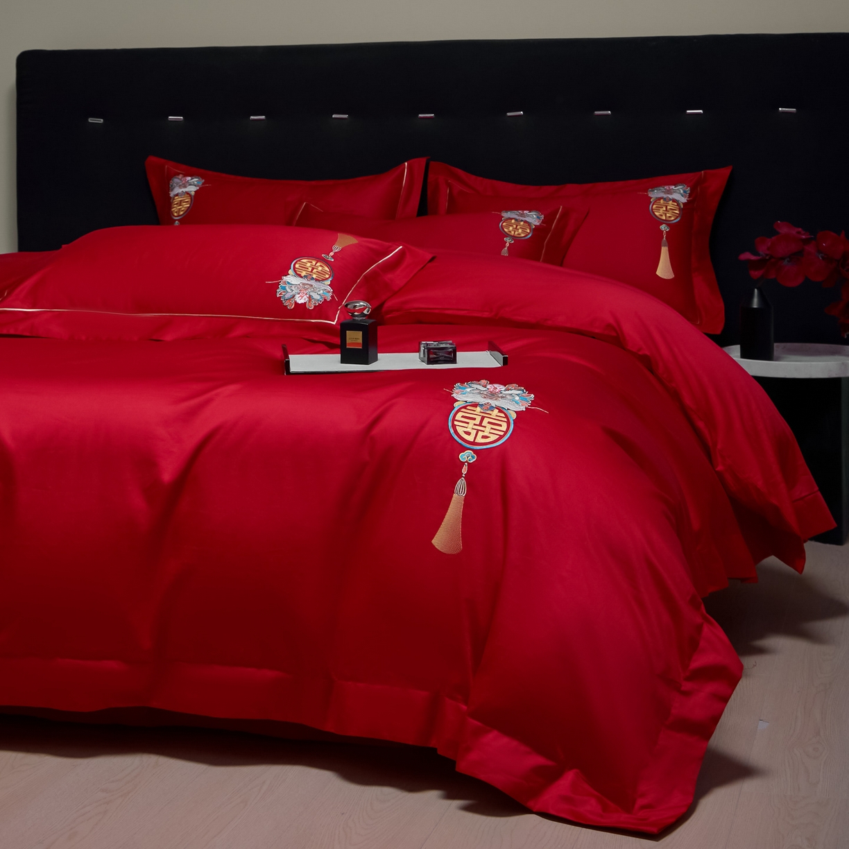 91家纺网 家纺一手货源 找家纺 欧乐蒂-2025新款-亲肤棉简约刺绣四件套 祥瑞