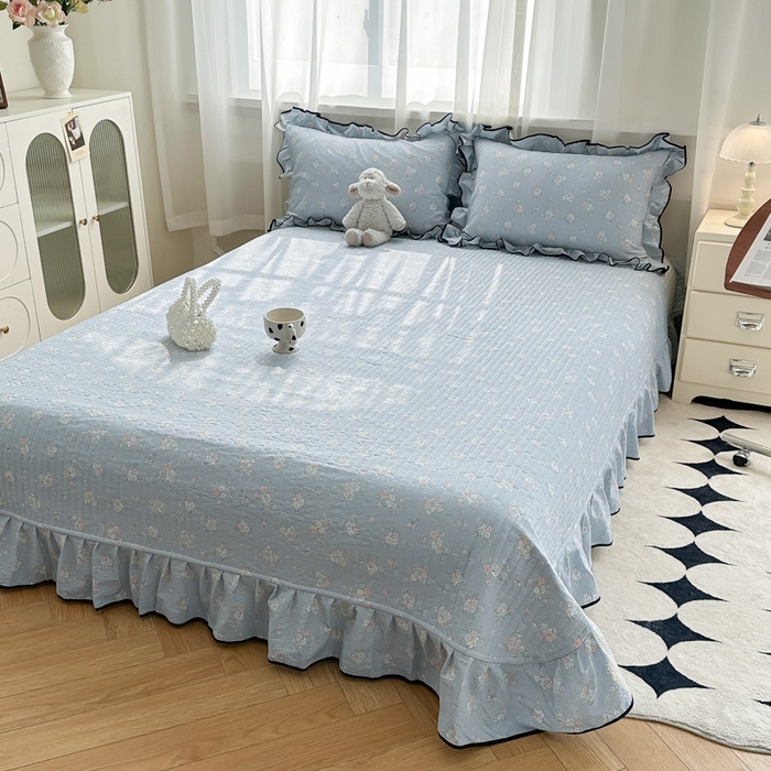 91家纺网 家纺一手货源 找家纺 梦可莱家居 2025秋冬新款法式小黑边木棉云感皱皱纱四件套床盖款 小黑边-兰亭