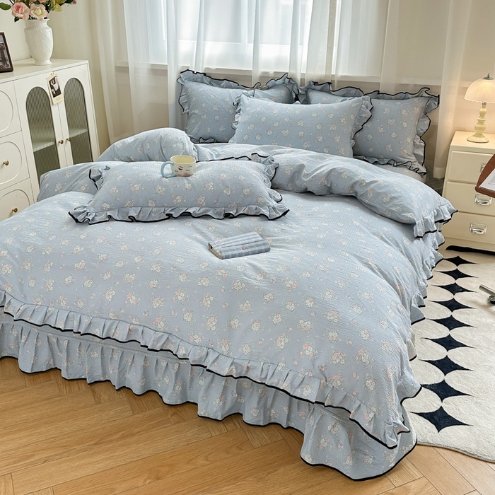 91家纺网 家纺一手货源 找家纺 梦可莱家居 2025秋冬新款法式小黑边木棉云感皱皱纱四件套床盖款 小黑边-兰亭