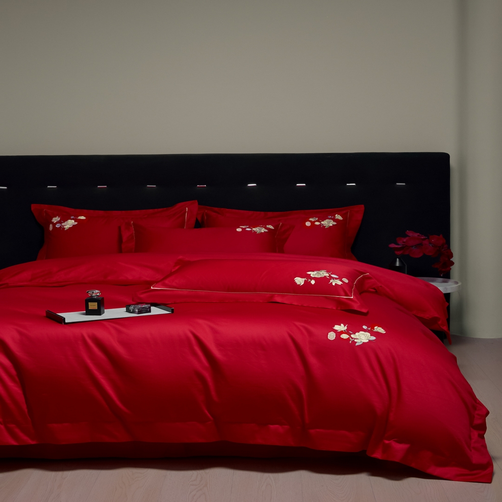 91家纺网 家纺一手货源 找家纺 欧乐蒂-2025新款-亲肤棉简约刺绣四件套 满庭芳