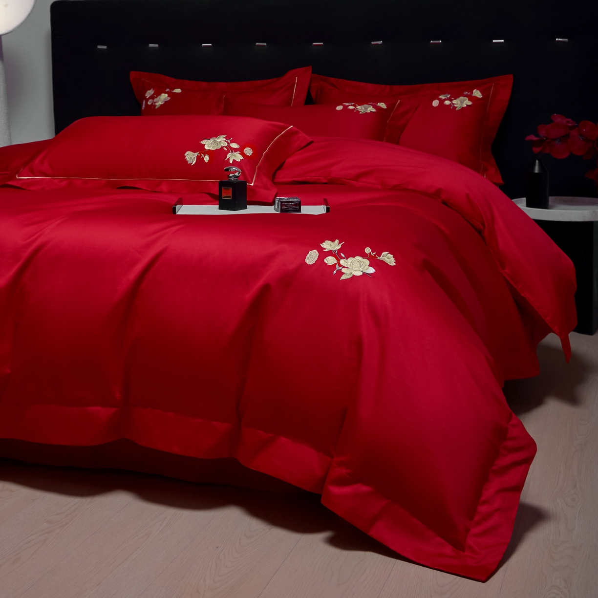 91家纺网 家纺一手货源 找家纺 欧乐蒂-2025新款-亲肤棉简约刺绣四件套 满庭芳