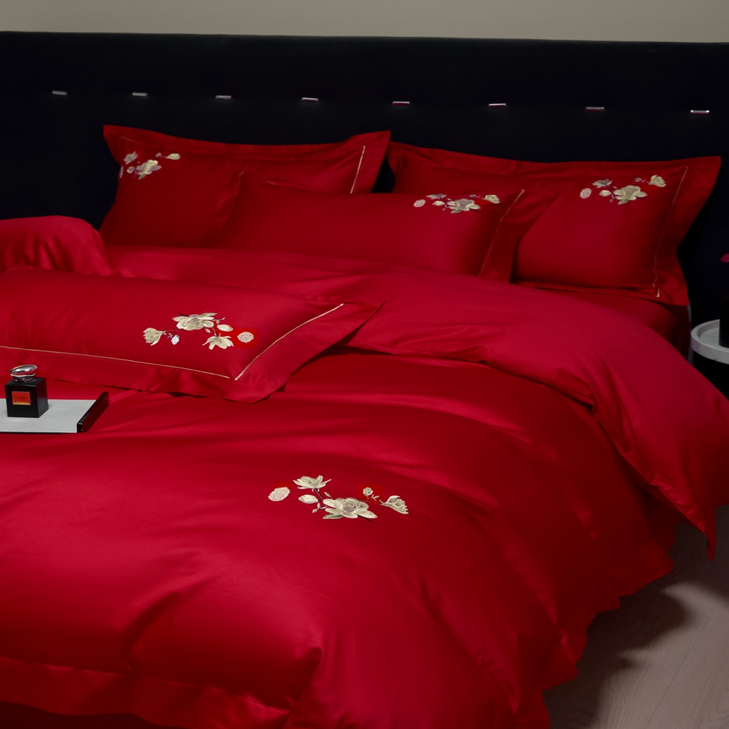 91家纺网 家纺一手货源 找家纺 欧乐蒂-2025新款-亲肤棉简约刺绣四件套 满庭芳