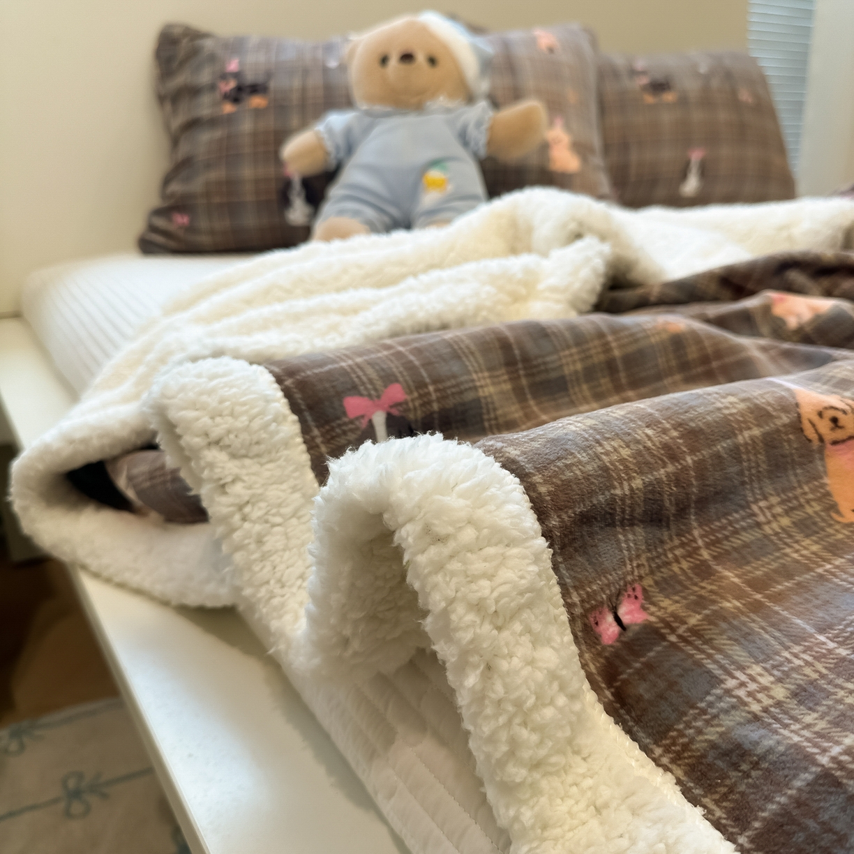 91家纺网 家纺一手货源 找家纺 盼季家纺 2025新款日韩奶油风羊羔绒+牛奶绒可爱卡通毛毯沙发毯盖毯 羊羔绒毛毯-塞班那狗