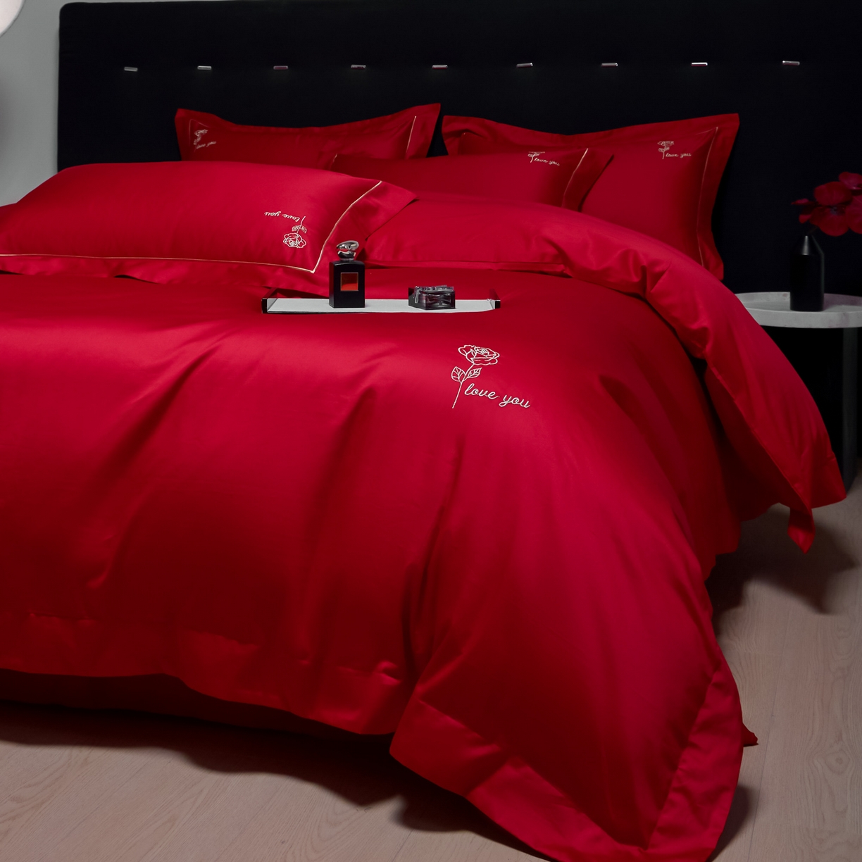 91家纺网 家纺一手货源 找家纺 欧乐蒂-2025新款-亲肤棉简约刺绣四件套 玫瑰