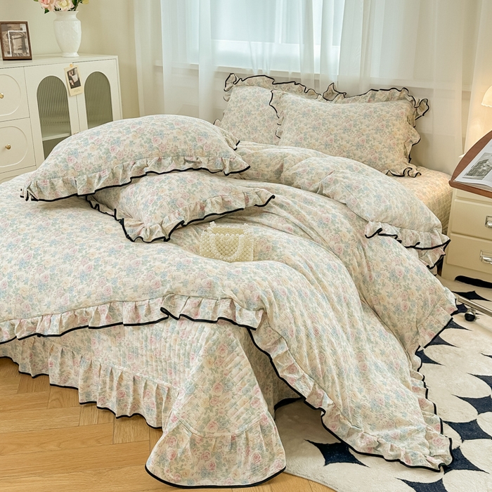 梦可莱家居 2025秋冬新款法式小黑边木棉云感皱皱纱四件套床盖款 小黑边-玫夏