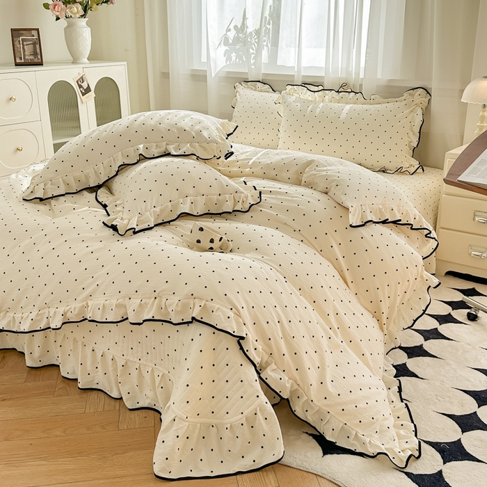 梦可莱家居 2025秋冬新款法式小黑边木棉云感皱皱纱四件套床盖款 小黑边-米波点