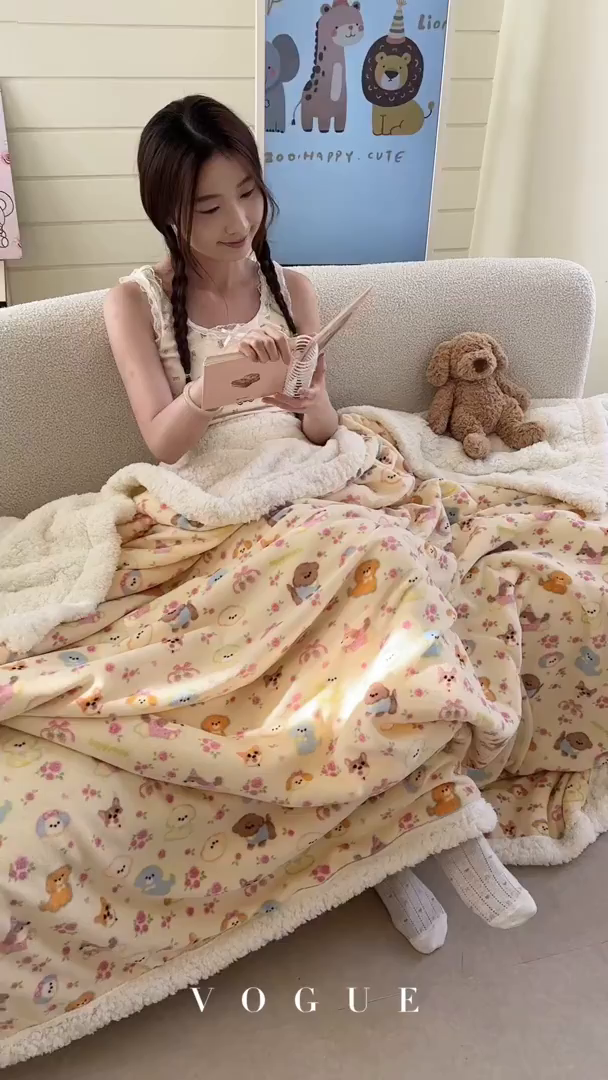 91家纺网 家纺一手货源 找家纺 贝扬思家纺 2025新款秋冬可爱系牛奶绒羊羔绒多功能毛毯奶盖系列 奶盖-小狗团子