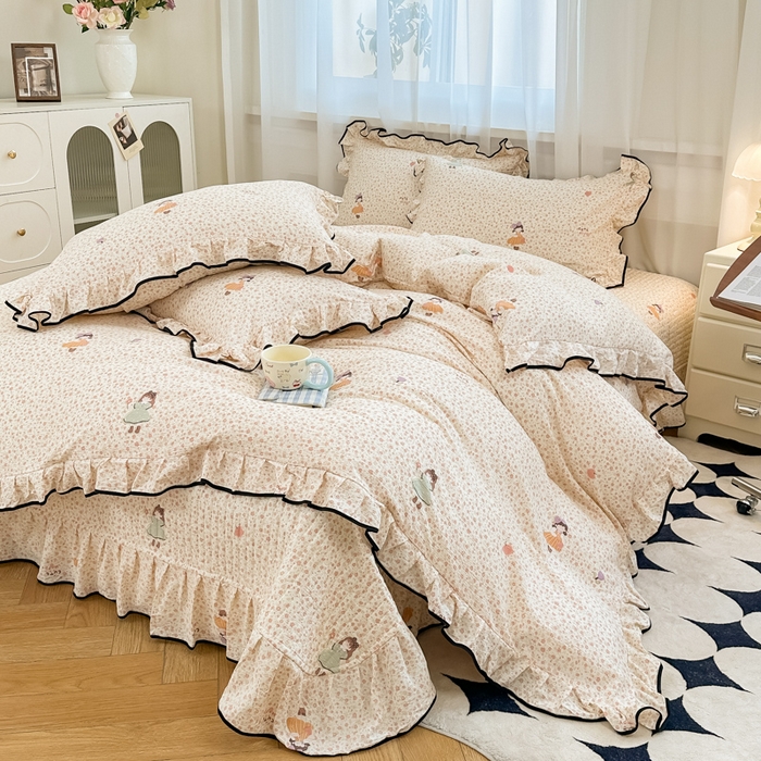 梦可莱家居 2025秋冬新款法式小黑边木棉云感皱皱纱四件套床盖款 小黑边-小女孩