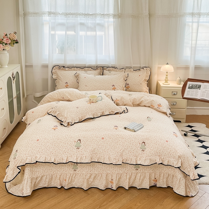 91家纺网 家纺一手货源 找家纺 梦可莱家居 2025秋冬新款法式小黑边木棉云感皱皱纱四件套床盖款 小黑边-小女孩