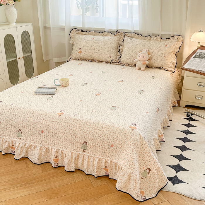 91家纺网 家纺一手货源 找家纺 梦可莱家居 2025秋冬新款法式小黑边木棉云感皱皱纱四件套床盖款 小黑边-小女孩