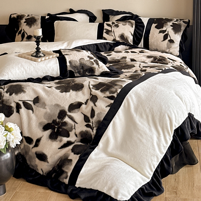 91家纺网 家纺一手货源 找家纺 子曰 2025新款A类法式轻奢赫本风兔绒牛奶绒四件套美拉德系 法式-莫奈