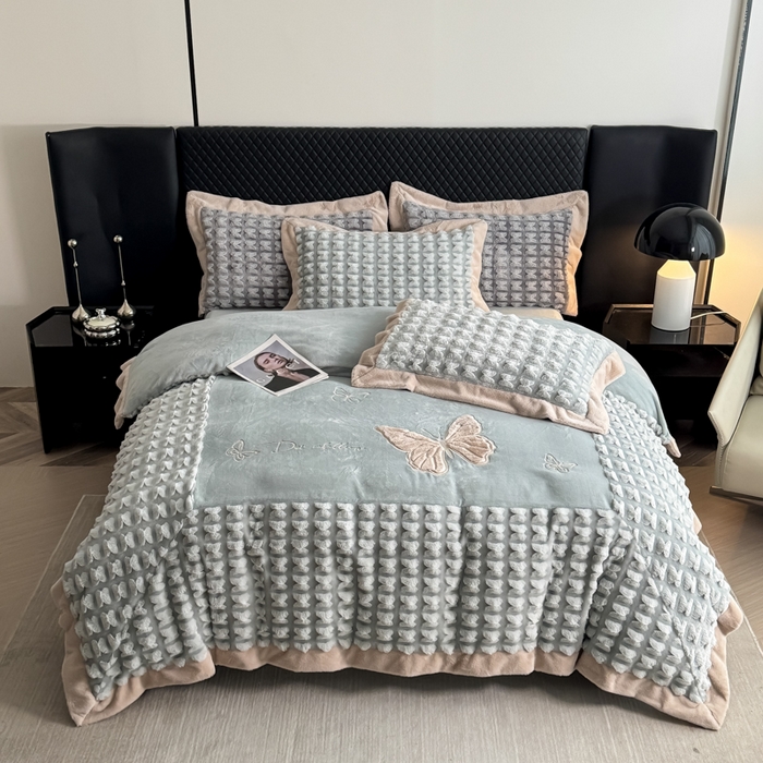 91家纺网 家纺一手货源 找家纺 （总）优姿家纺 2025新品兔毛绣花保暖四件套-蝶梦芳华