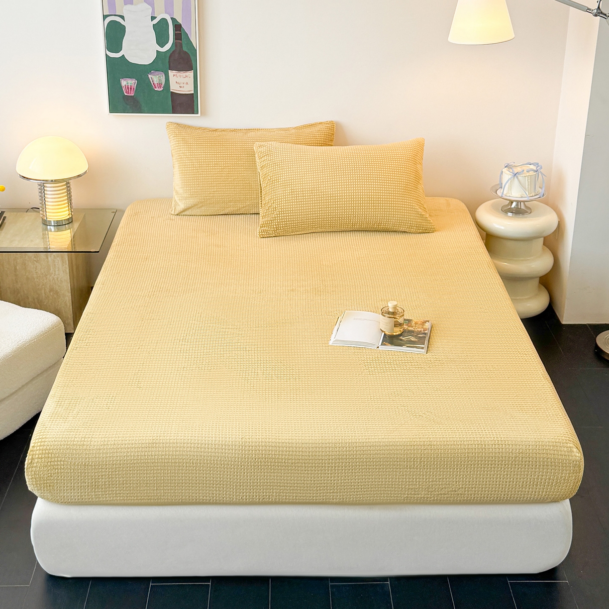 91家纺网 家纺一手货源 找家纺 如一 2025新款全消光230克烂花牛奶绒马卡龙系列床笠枕套三件套 马卡龙-咖黄