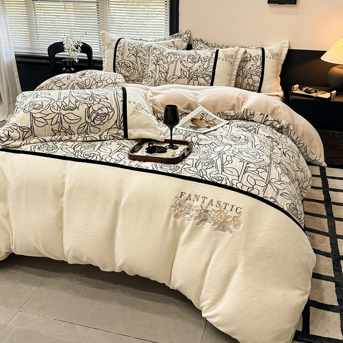 91家纺网 家纺一手货源 找家纺 金牛座家纺 2025新款立体雕花加厚牛奶绒刺绣拼接四件套【控价 售价请勿低于158】 花海