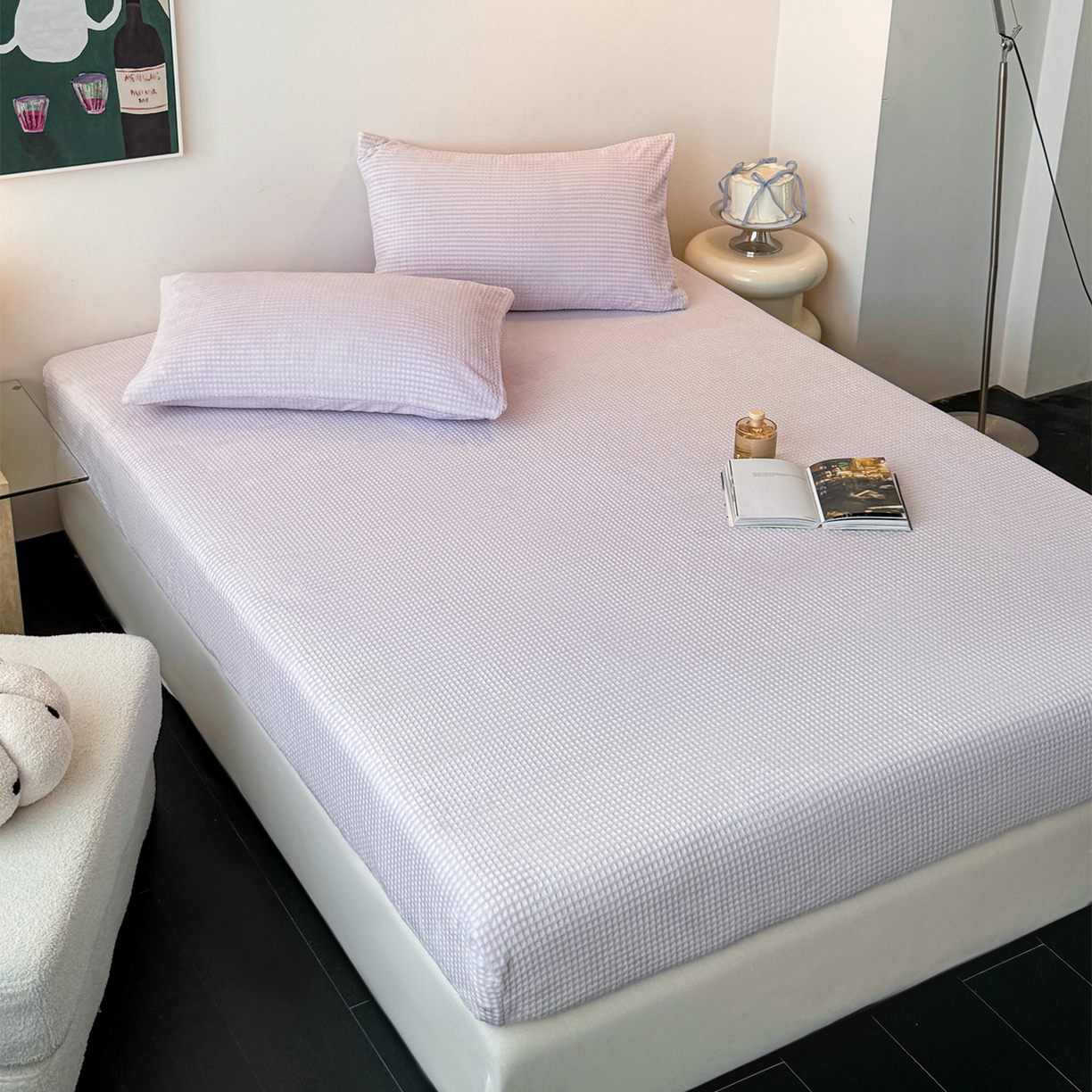 91家纺网 家纺一手货源 找家纺 如一 2025新款全消光230克烂花牛奶绒马卡龙系列床笠枕套三件套 马卡龙-紫白