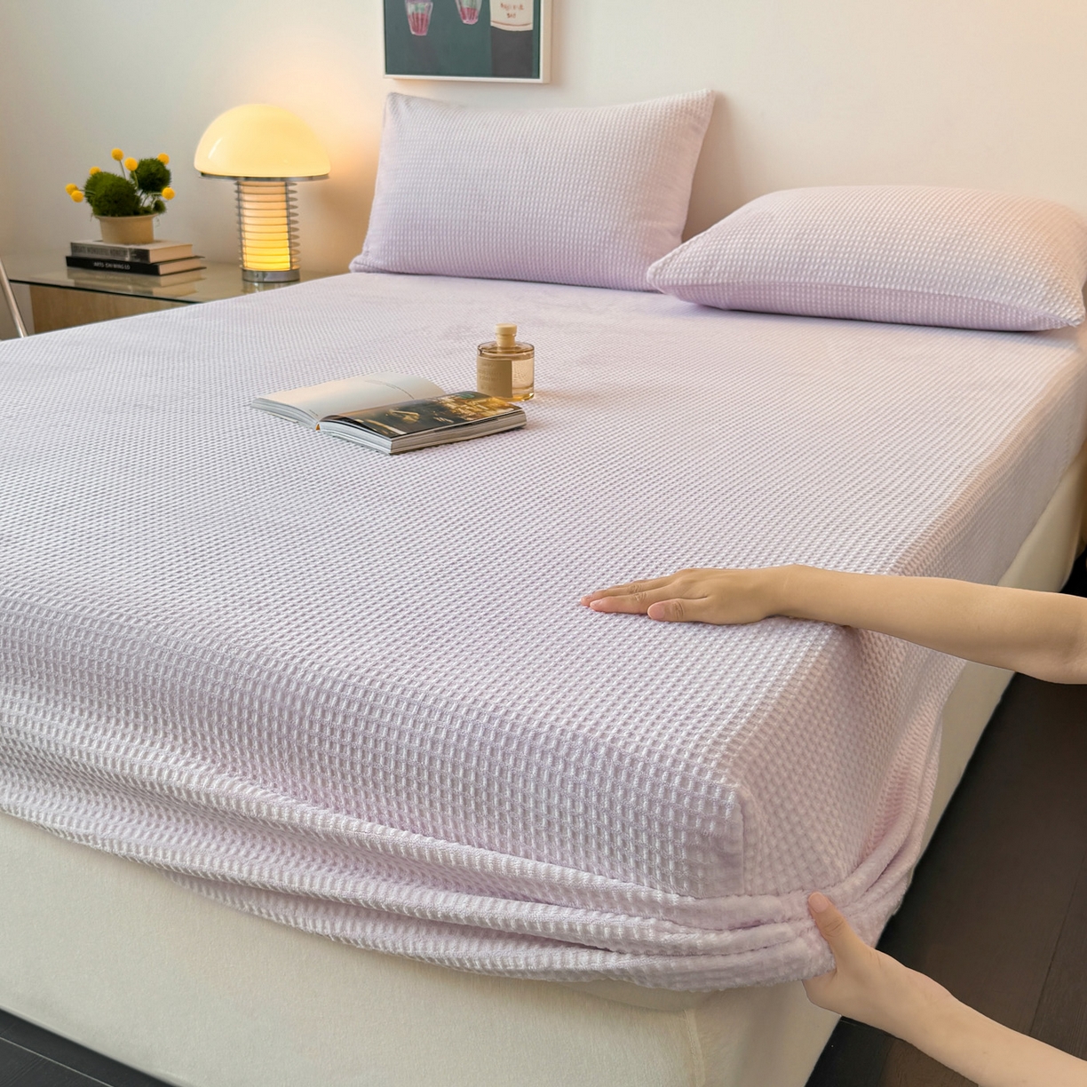 91家纺网 家纺一手货源 找家纺 如一 2025新款全消光230克烂花牛奶绒马卡龙系列床笠枕套三件套 马卡龙-紫白