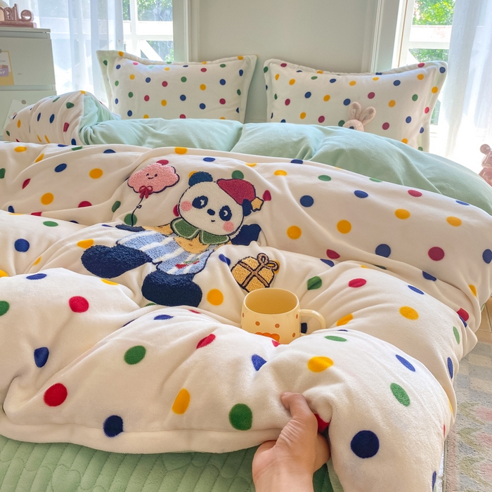 91家纺网 家纺一手货源 找家纺 尚美 2025新款毛巾绣牛奶绒床盖加棉加厚四件套 背带熊猫