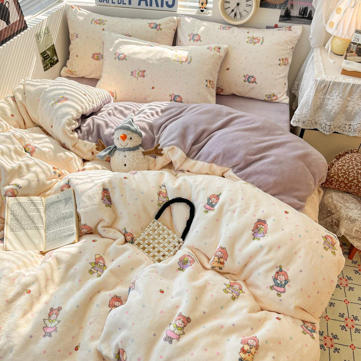 91家纺网 家纺一手货源 找家纺 优承佳生活馆 2025新款加厚亲肤保暖可爱清新系列牛奶绒四件套单被套系列（有买家秀） 百变女孩