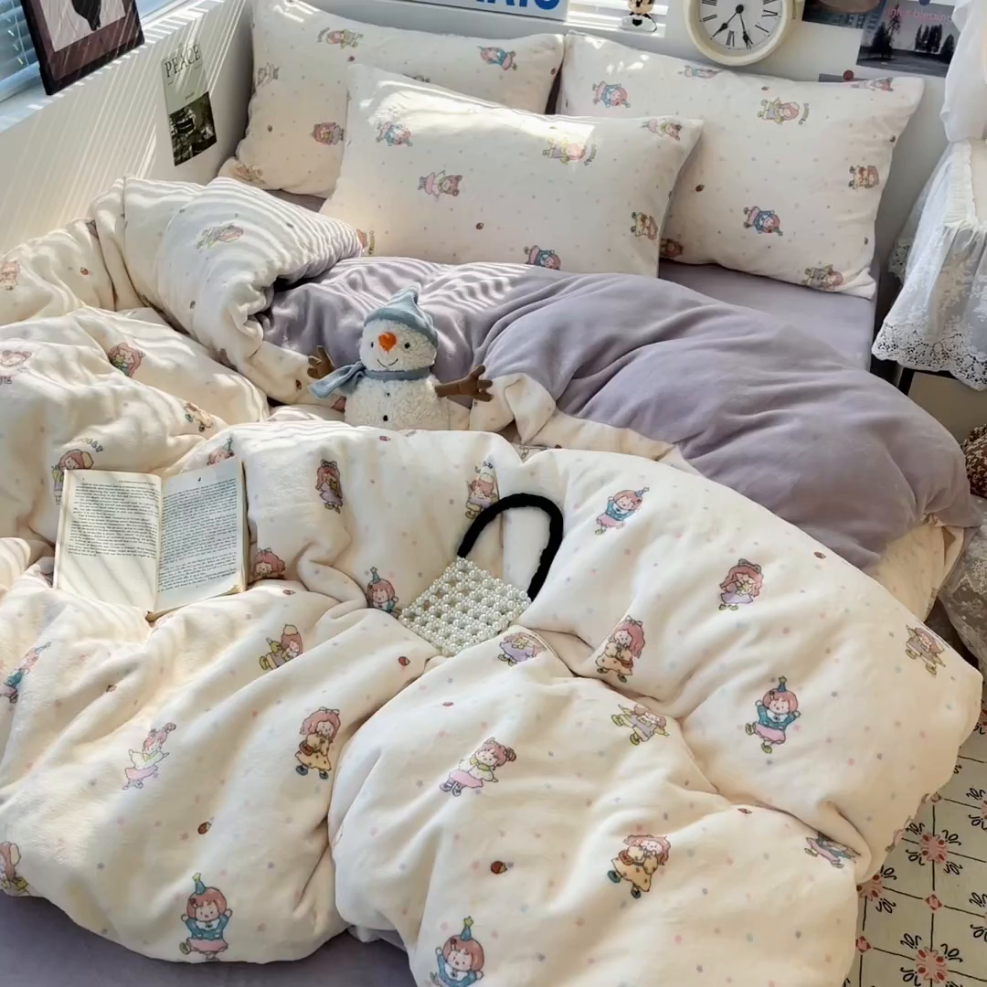 91家纺网 家纺一手货源 找家纺 优承佳生活馆 2025新款加厚亲肤保暖可爱清新系列牛奶绒四件套单被套系列（有买家秀） 百变女孩