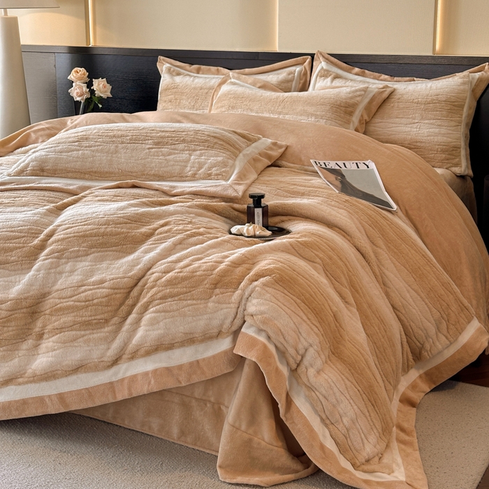 绘萱家居 2025新款亲肤舒适双拼边雕花兔毛绒四件套-爱丁堡 爱丁堡-卡其