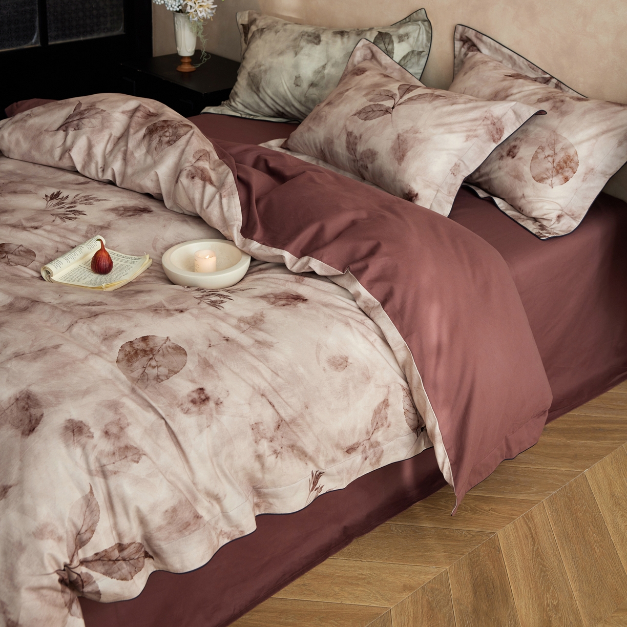 91家纺网 家纺一手货源 找家纺 （总）简纯主义 2025新款全棉磨毛一叶知秋系列四件套（控价：239/299/319）