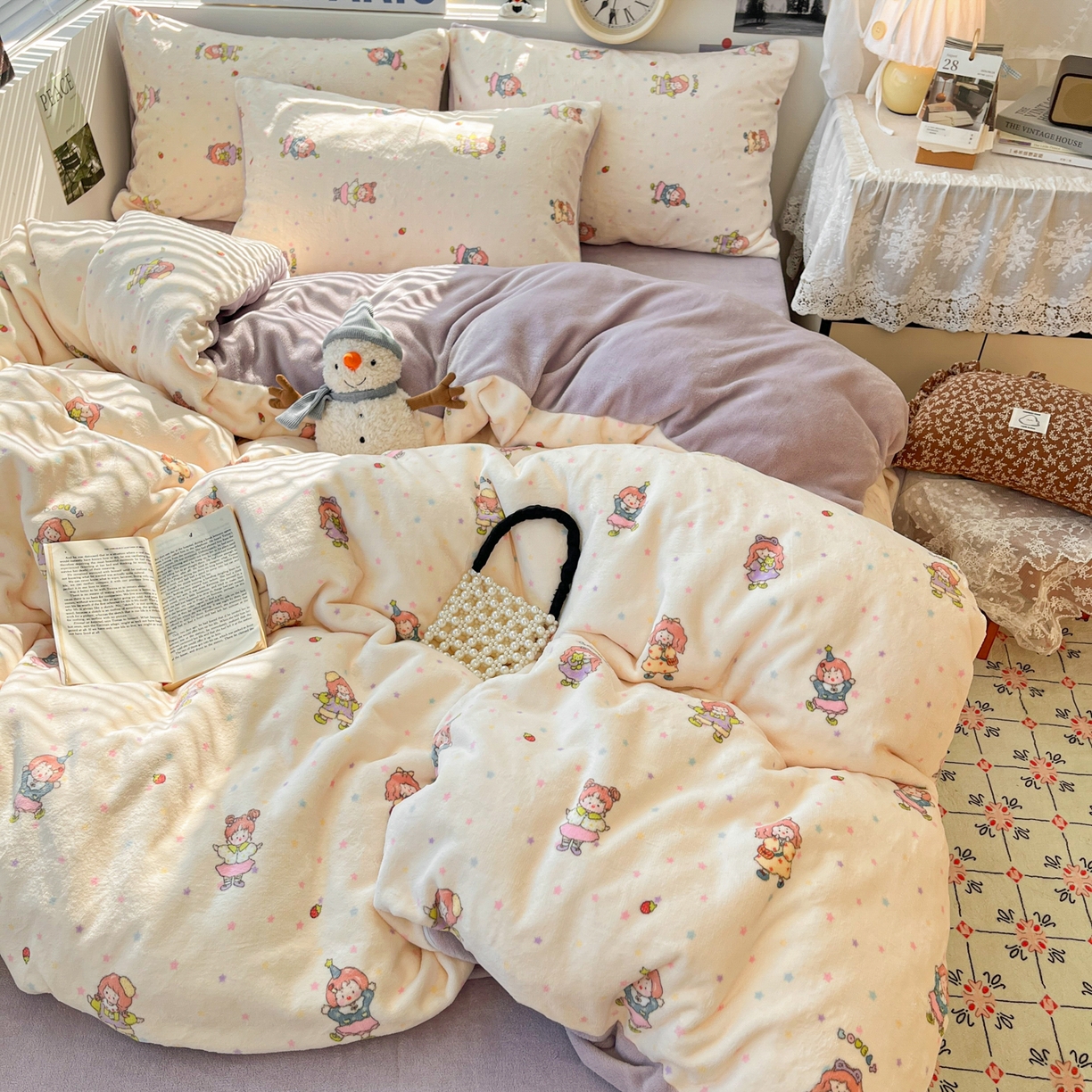 91家纺网 家纺一手货源 找家纺 优承佳生活馆 2025新款加厚亲肤保暖可爱清新系列牛奶绒四件套单被套系列（有买家秀） 百变女孩