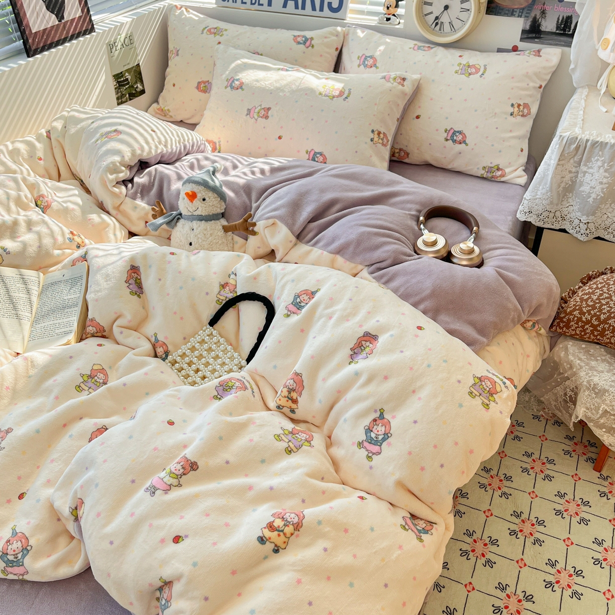 91家纺网 家纺一手货源 找家纺 优承佳生活馆 2025新款加厚亲肤保暖可爱清新系列牛奶绒四件套单被套系列（有买家秀） 百变女孩
