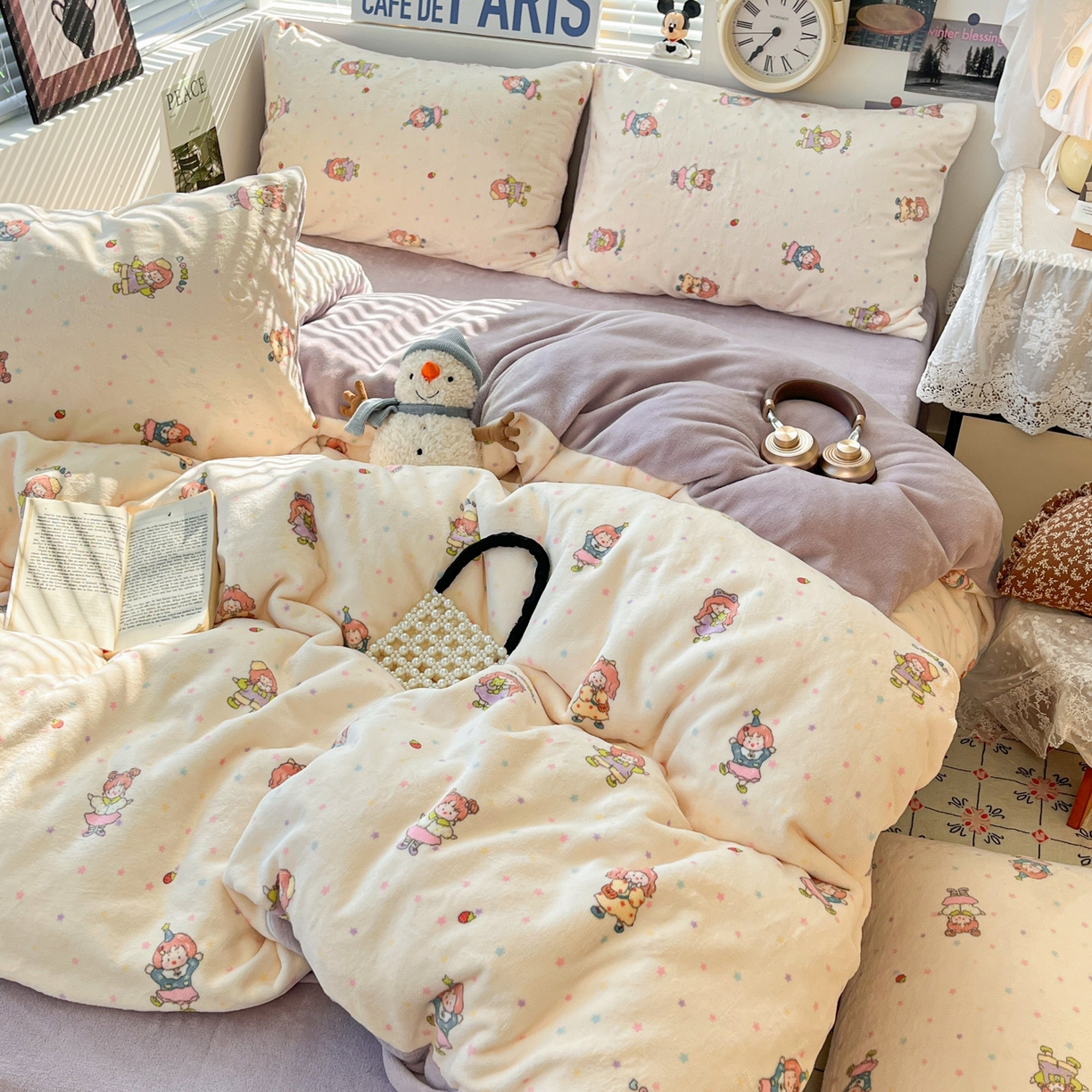 91家纺网 家纺一手货源 找家纺 优承佳生活馆 2025新款加厚亲肤保暖可爱清新系列牛奶绒四件套单被套系列（有买家秀） 百变女孩