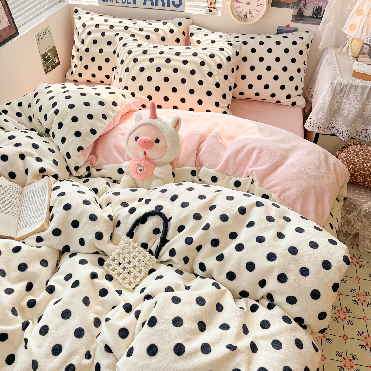 91家纺网 家纺一手货源 找家纺 优承佳生活馆 2025新款加厚亲肤保暖可爱清新系列牛奶绒四件套单被套系列（有买家秀） 点点圆圆