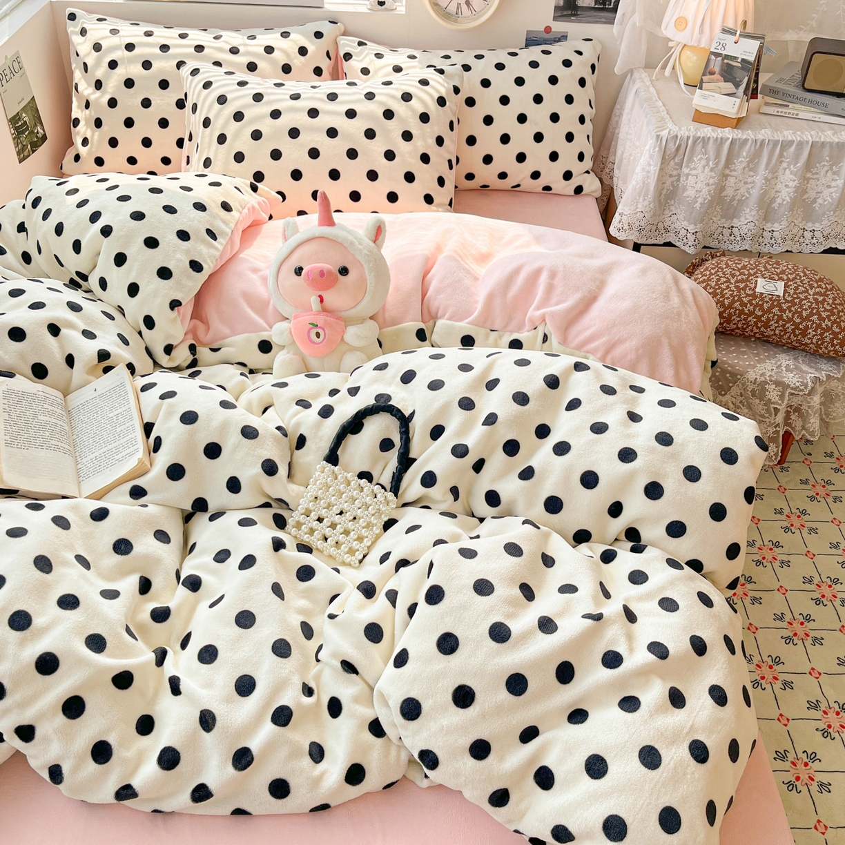 91家纺网 家纺一手货源 找家纺 优承佳生活馆 2025新款加厚亲肤保暖可爱清新系列牛奶绒四件套单被套系列（有买家秀） 点点圆圆