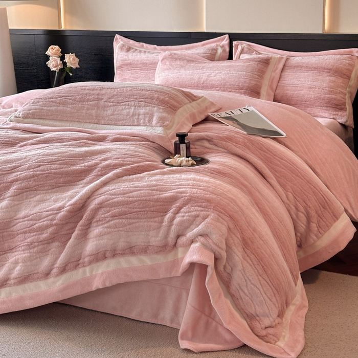 91家纺网 家纺一手货源 找家纺 （总）绘萱家居 2025新款亲肤舒适双拼边雕花兔毛绒四件套-爱丁堡