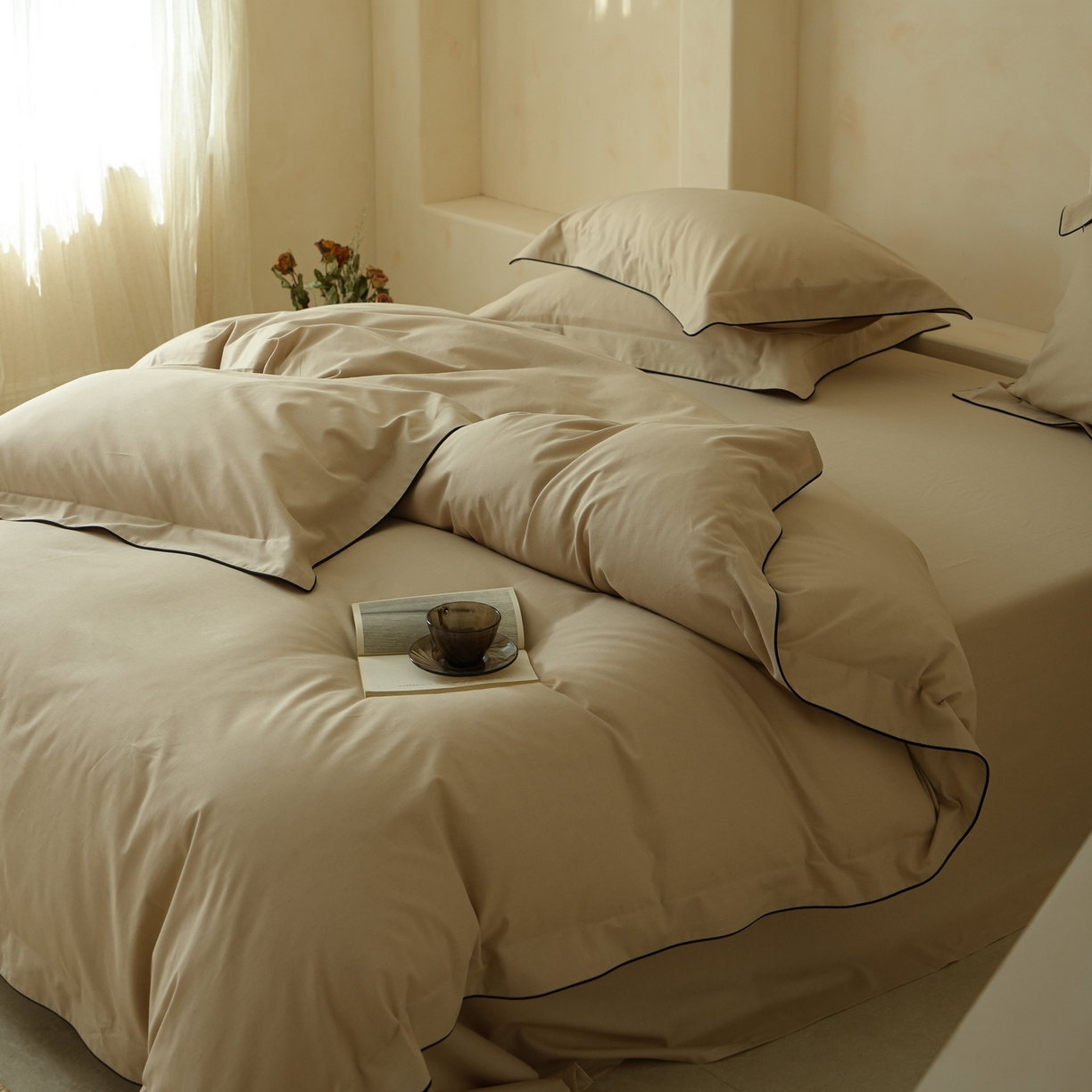 91家纺网 家纺一手货源 找家纺 简纯主义 2025新款棉麻素织雅韵系列四件套 琥珀杏