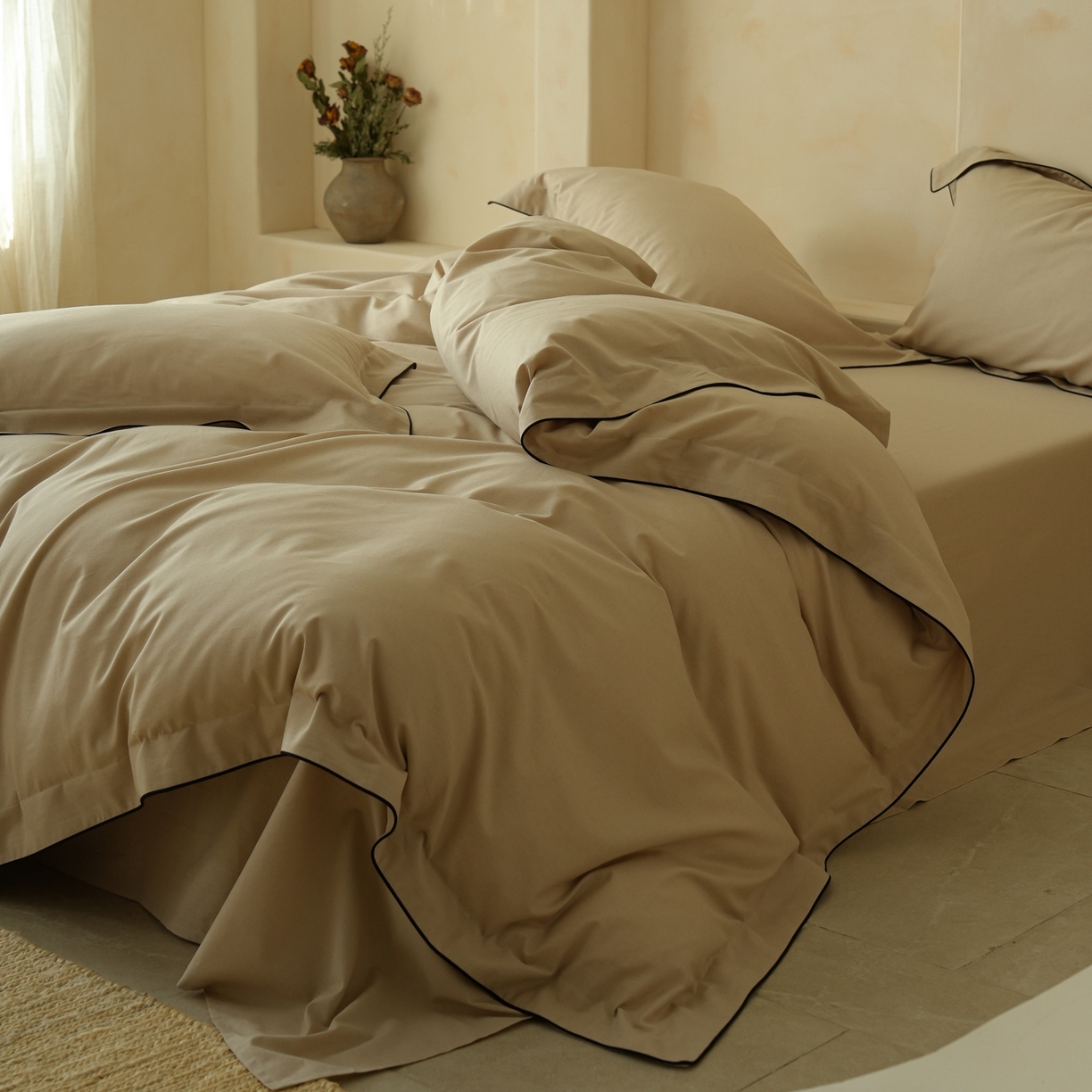 91家纺网 家纺一手货源 找家纺 简纯主义 2025新款棉麻素织雅韵系列四件套 琥珀杏