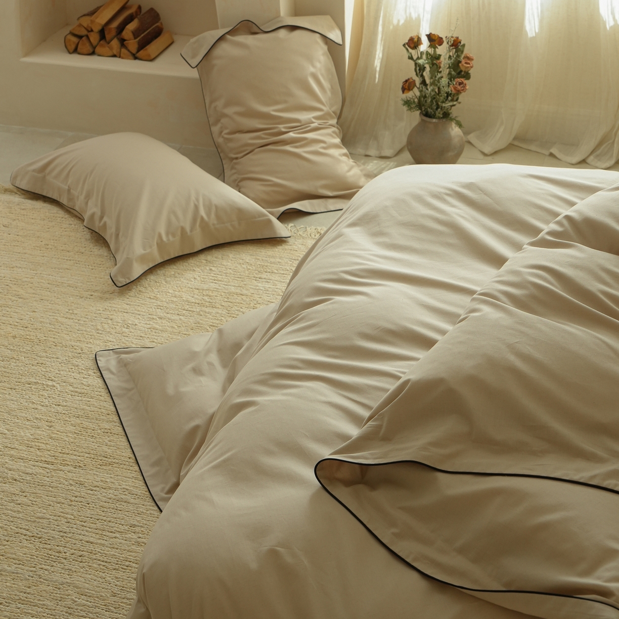 91家纺网 家纺一手货源 找家纺 简纯主义 2025新款棉麻素织雅韵系列四件套 琥珀杏