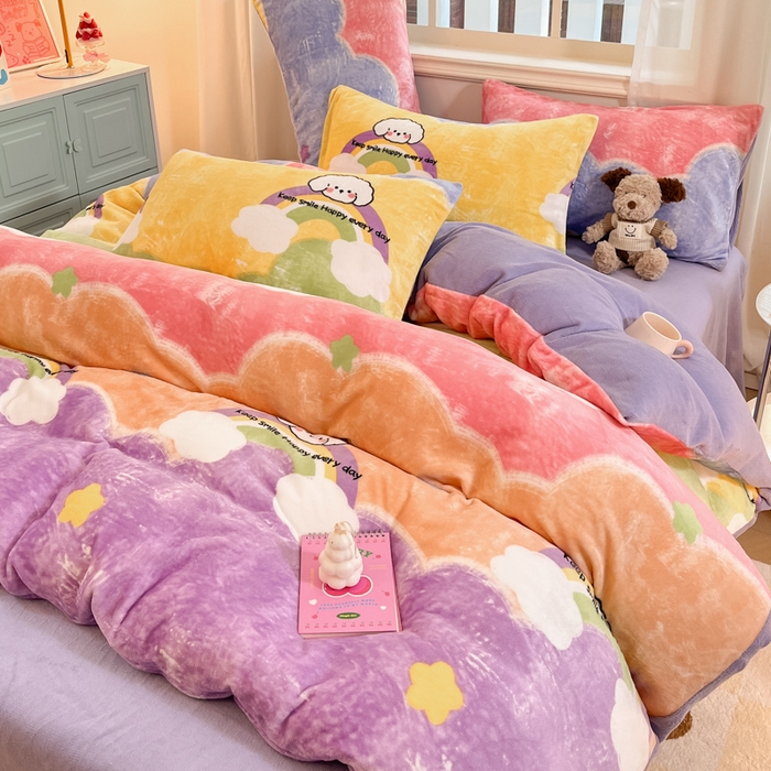 91家纺网 家纺一手货源 找家纺 席佬大 2025新款高克重印花牛奶绒系列四件套 彩虹萌狗